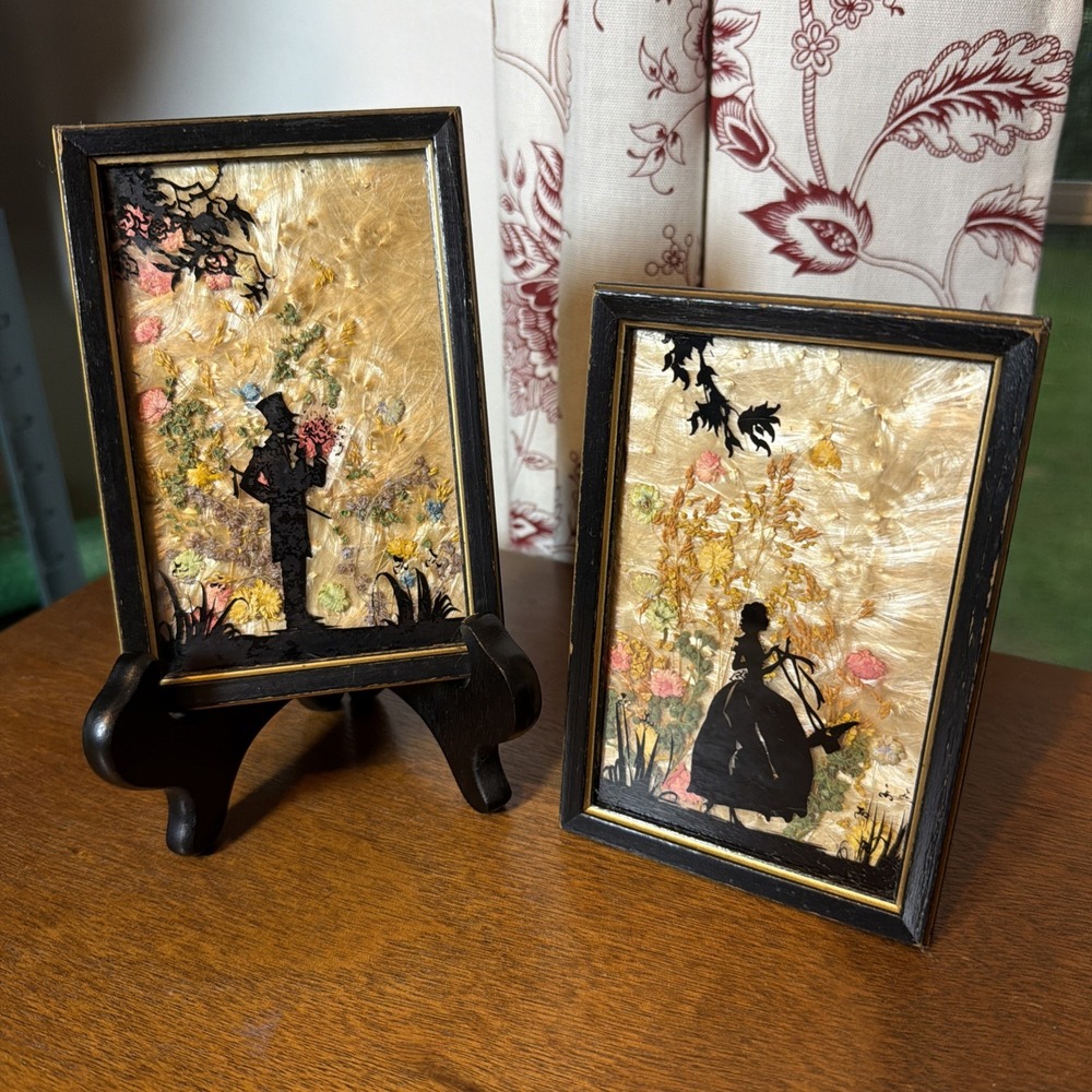 Vintage 1930s Reverse Painted Silhouette Dried Flower Edwardian Style Framed Art